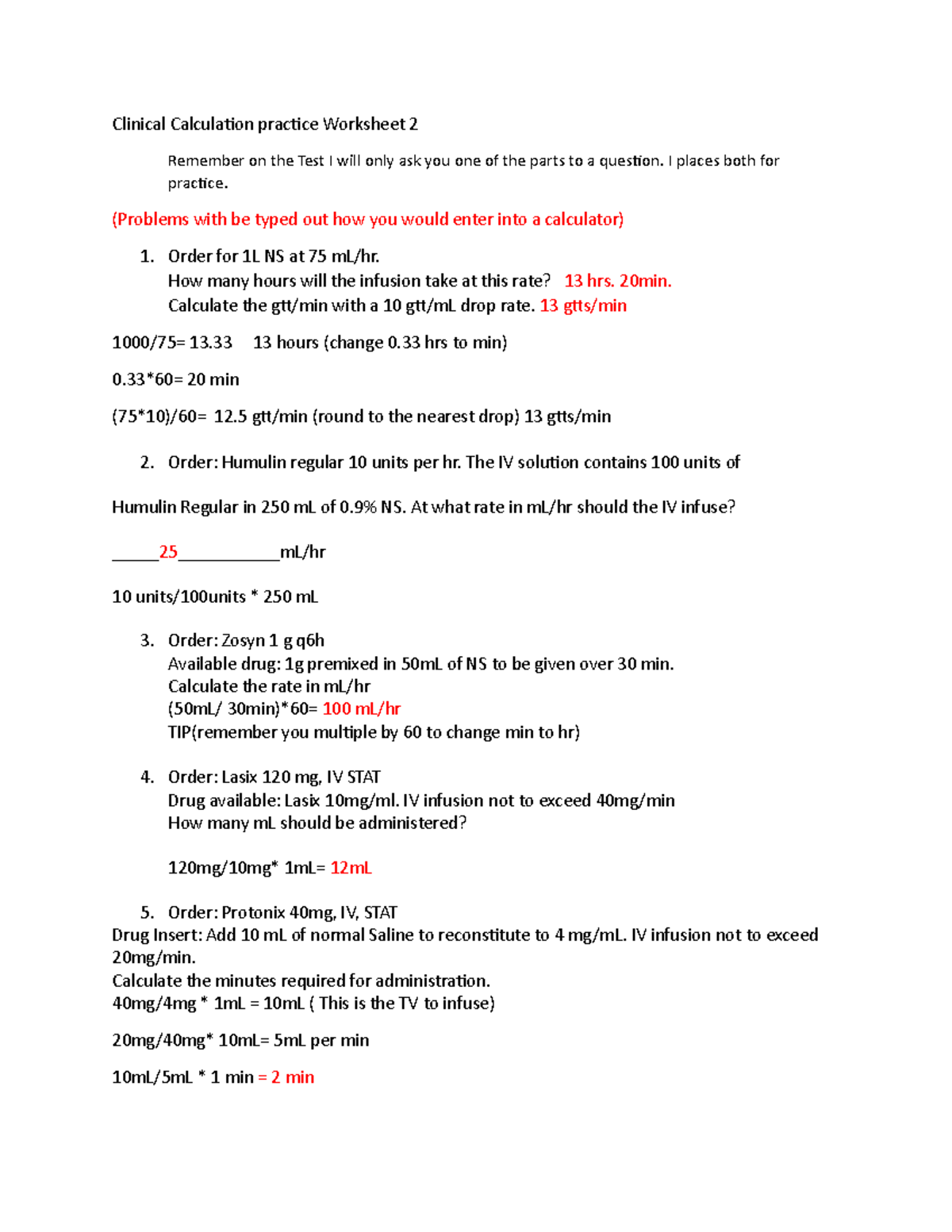 Clinical Calculation Practice 2: Solutions & Formulas Guide - Studocu