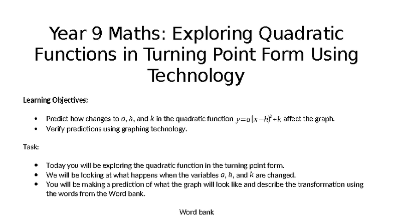 Year 9 Maths: Quadratic Functions in Turning Point Form Analysis - Studocu
