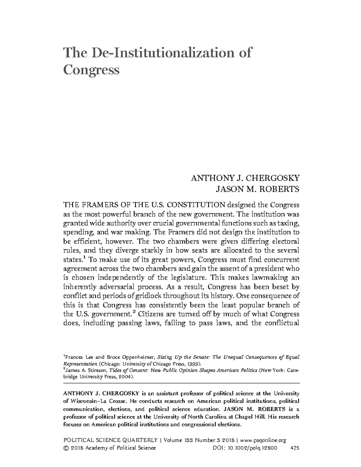 The Institutionalization of Congress: An Analysis of Power and Gridlock ...