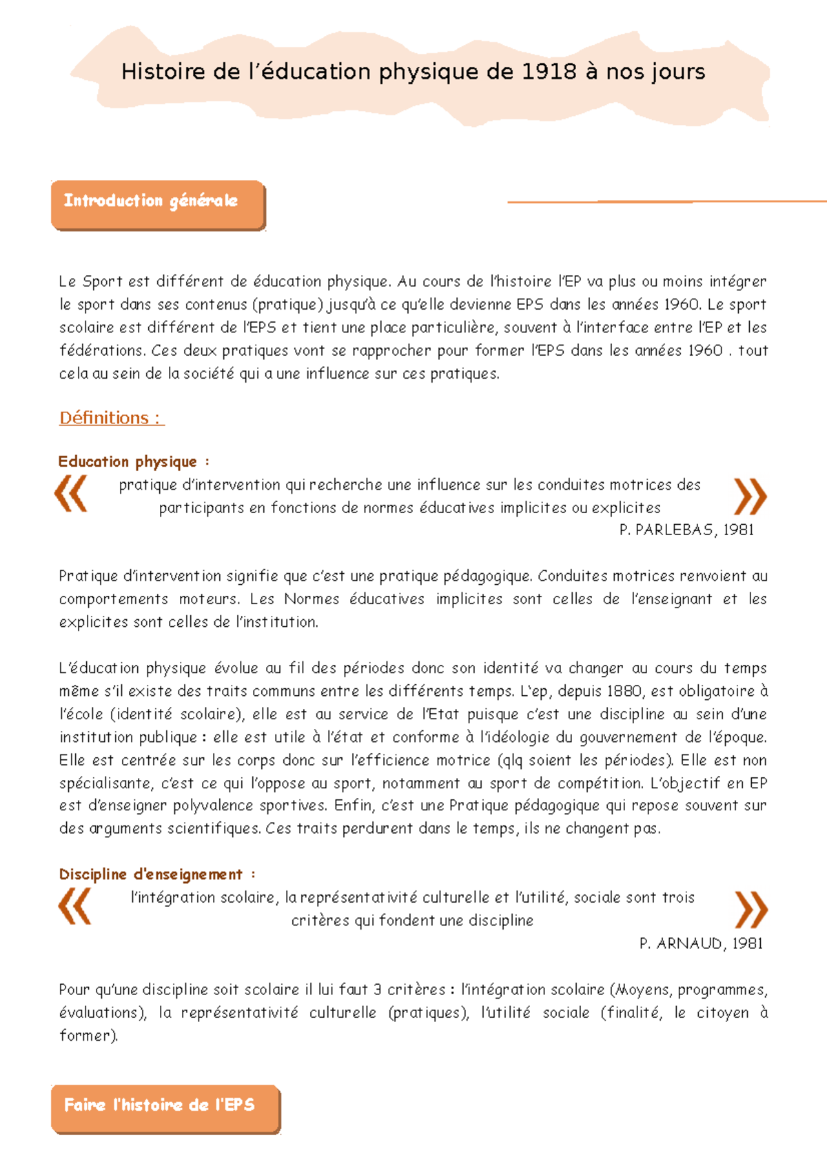 Histoire de L'Education Physique Sportive
