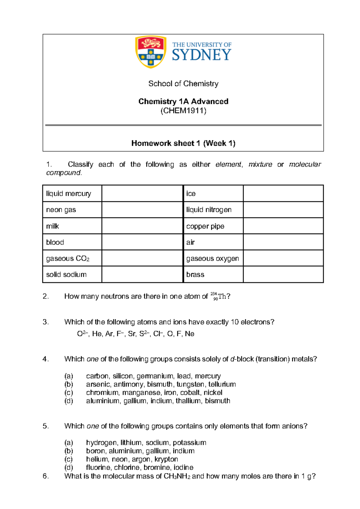 Homework 01 - ... - School of Chemistry Chemistry 1A Advanced (CHEM1911 ...