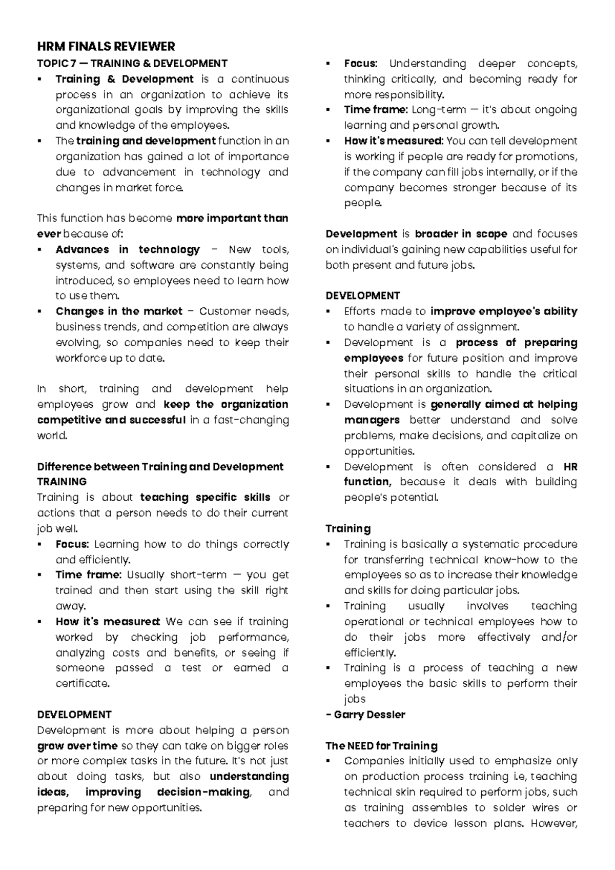 HRM 101 FINALS REVIEWER: Training & Development Insights - Studocu
