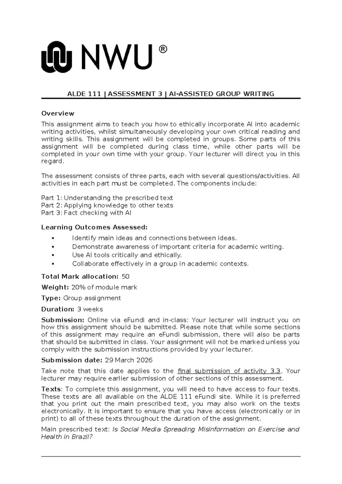 ALDE 111 Group Assignment 3: Ethical AI in Academic Writing - Studocu