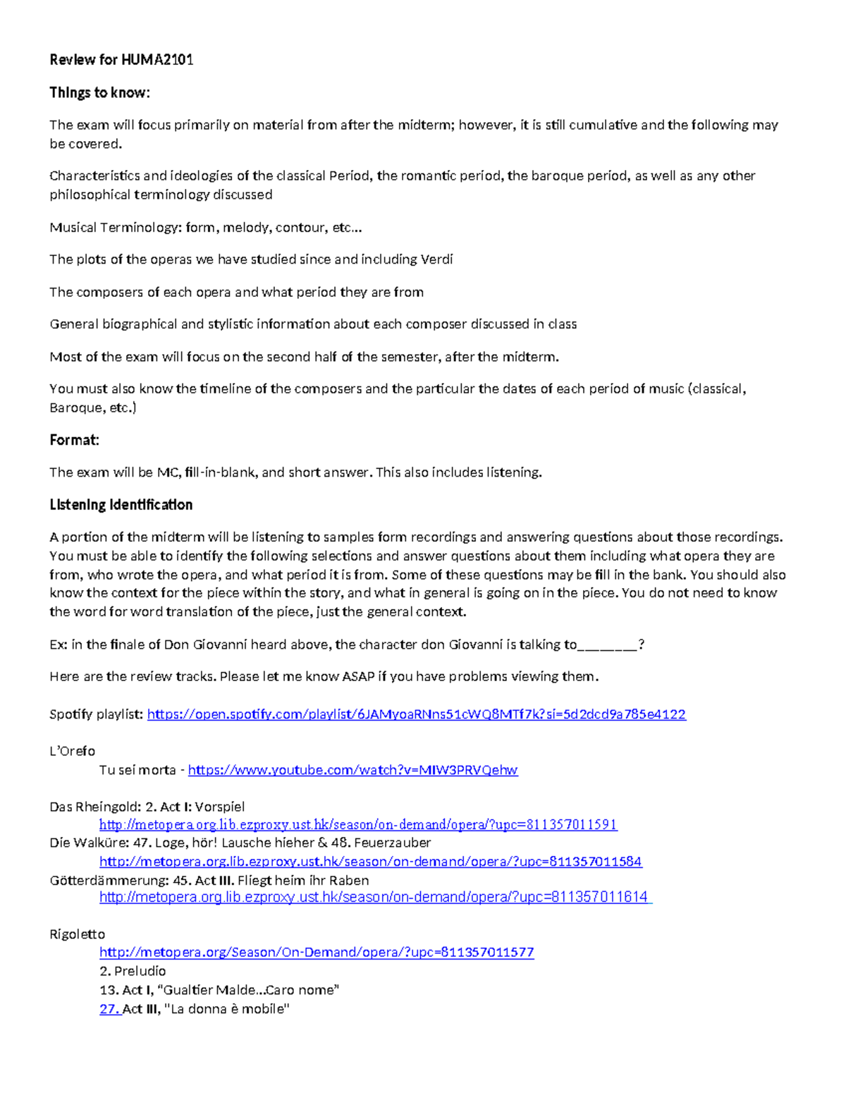 Review for final exam HUMA2101: key concepts and listening guide - Studocu