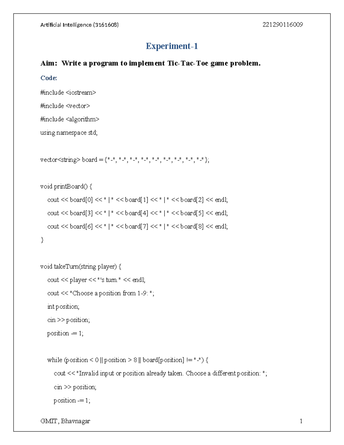 AI Lab Manual: Experiments 1-5 - Tic-Tac-Toe, BFS, A* Algorithm - Studocu