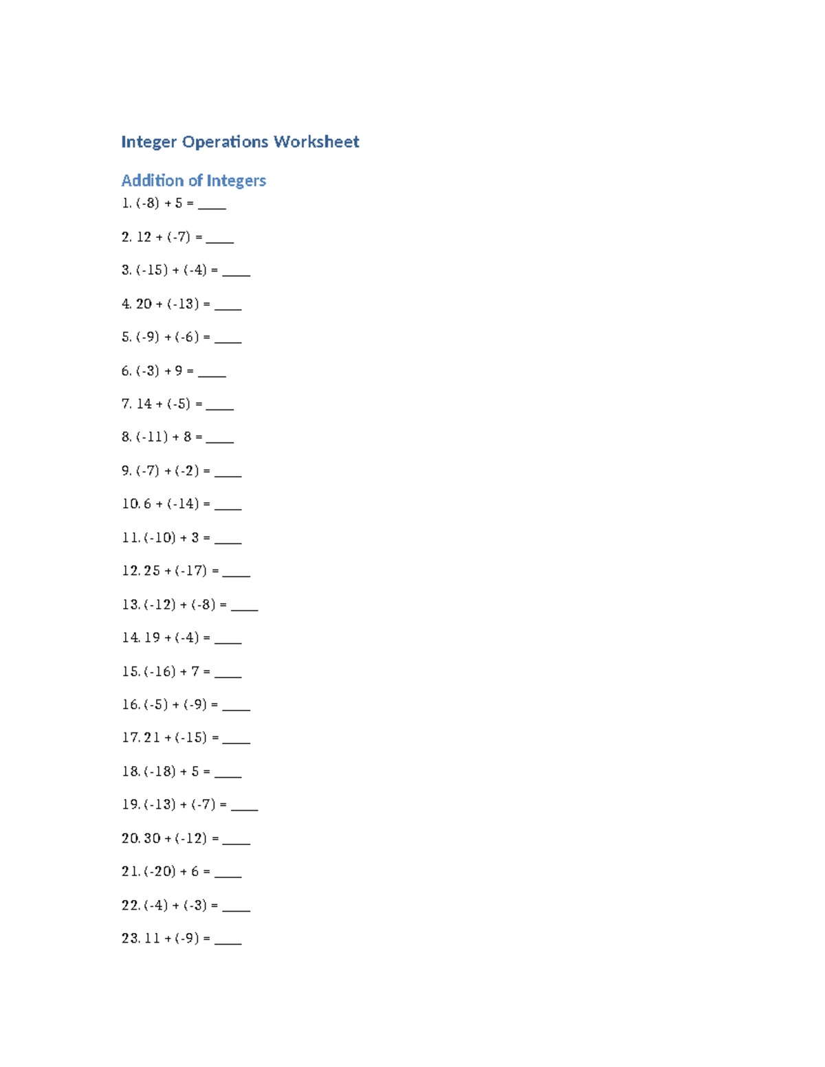 Integer Operations Worksheet: Addition, Subtraction, & Division - Studocu