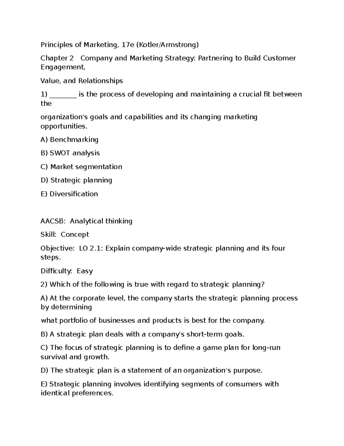 Principles of Marketing 17e Test Bank: Chapter 2 Strategic Planning ...