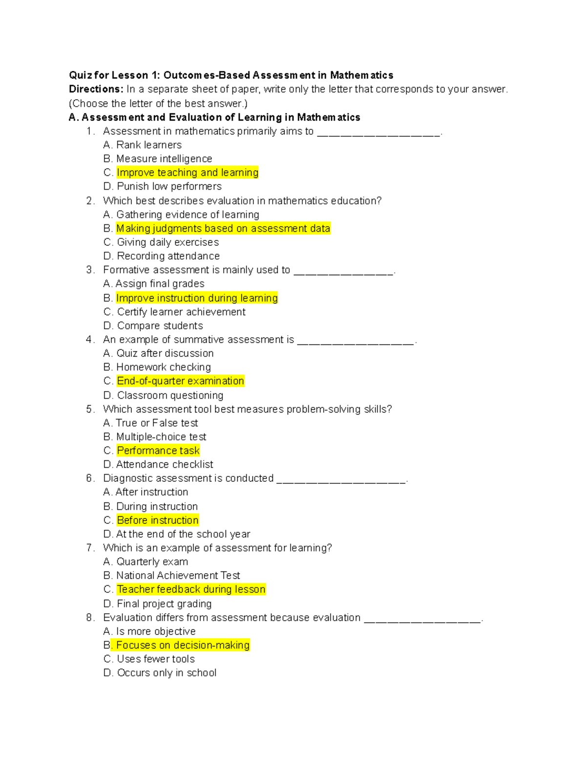 Quiz for Lesson 1: Assessment & Evaluation in Mathematics - Studocu