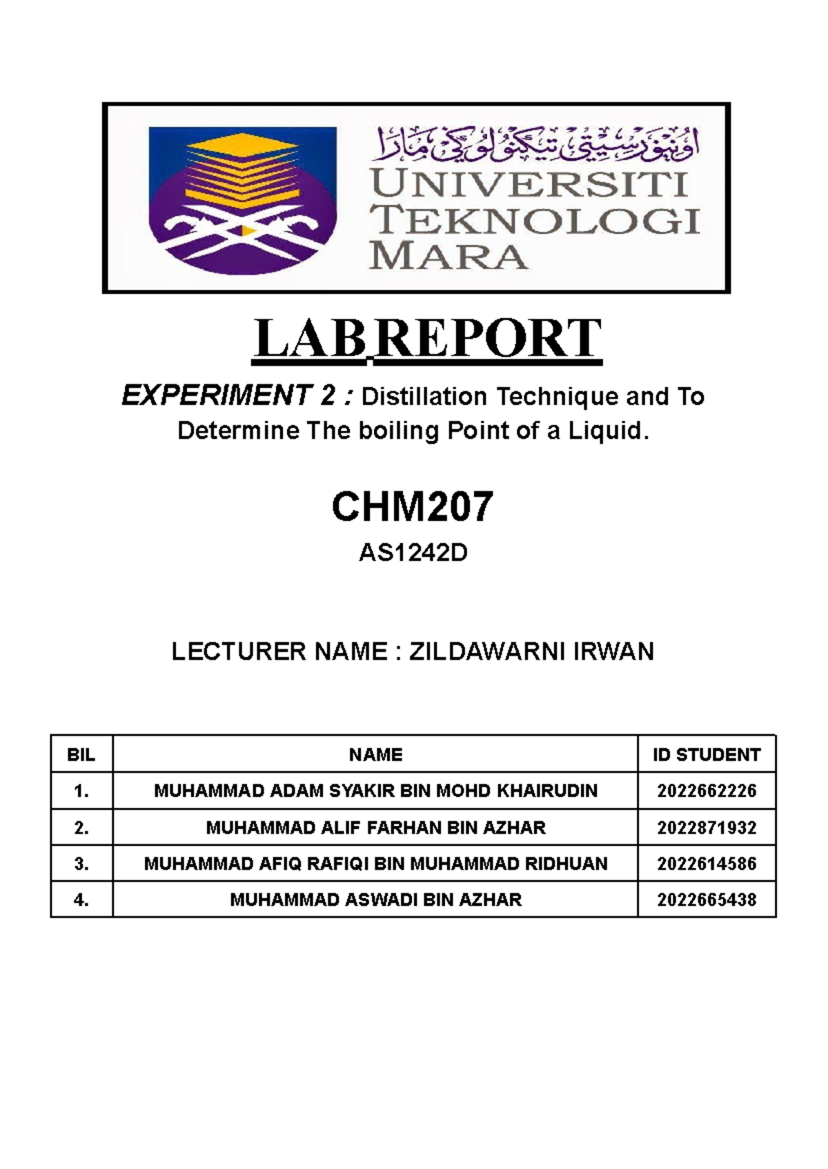Lab Report on Distillation Technique CHM 207 - Studocu
