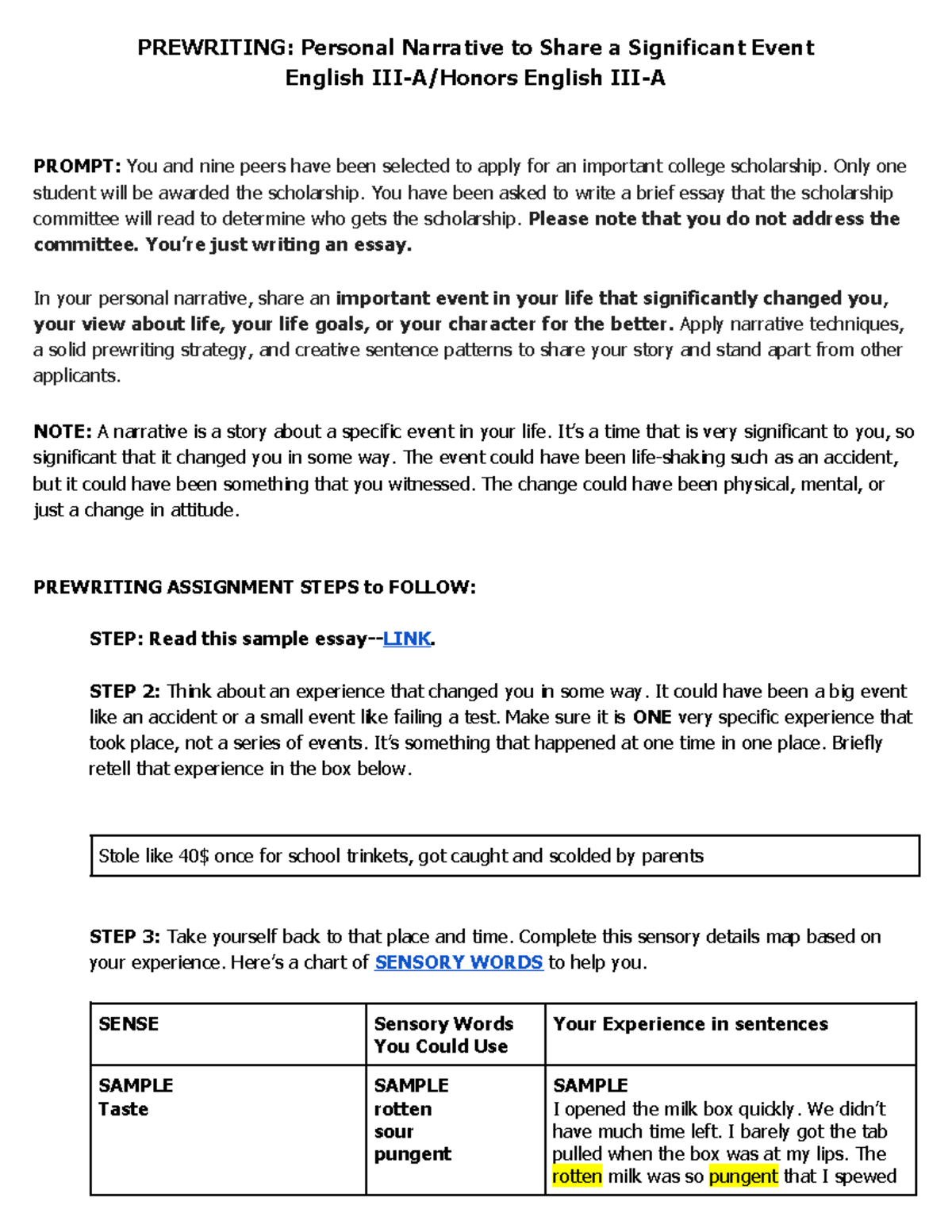 Prewriting for Significant Event Narrative (Eng III-A/Honors) - Studocu