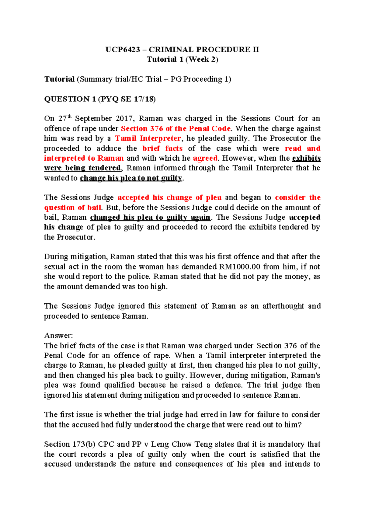 UCP6423 Criminal Procedure II Tutorial 1 Summary: Plea Validity Issues ...