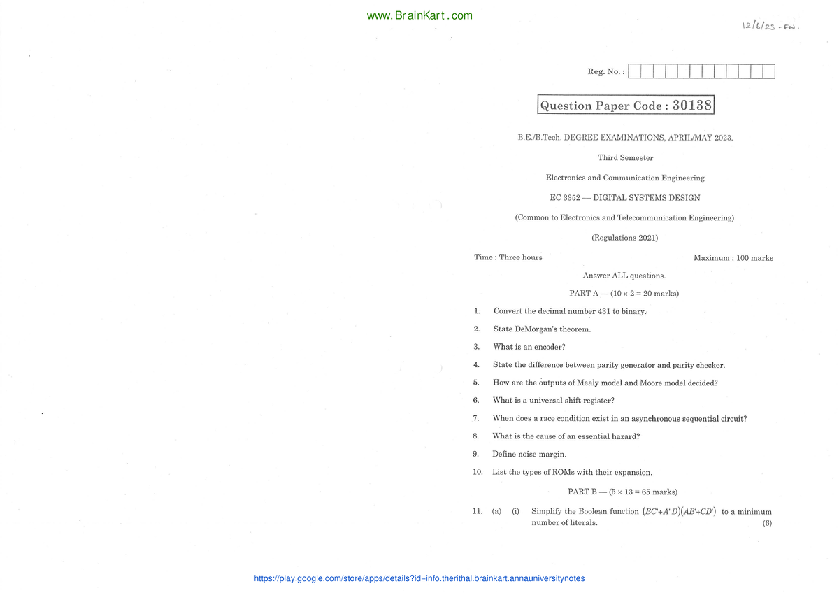 Digital Systems Design - EC3352 2023 April/May Question Paper - Studocu