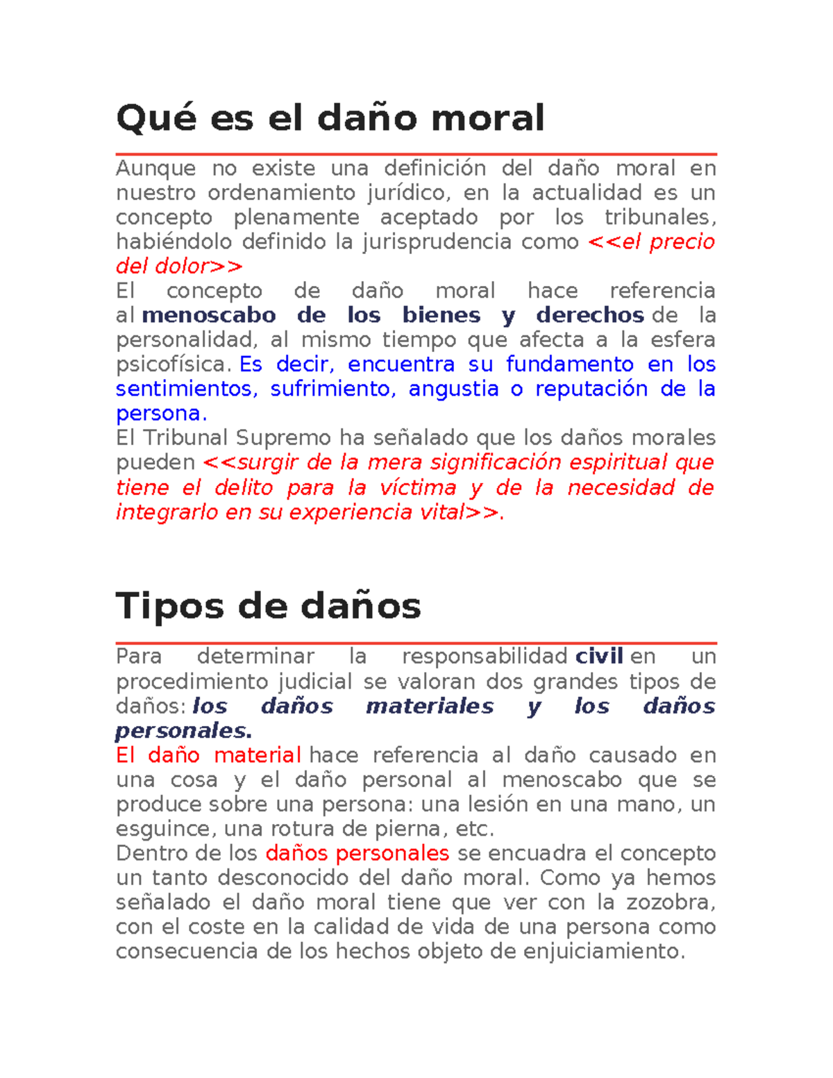 Daño Moral: Conceptos, Tipos y Valoración Jurídica - Studocu