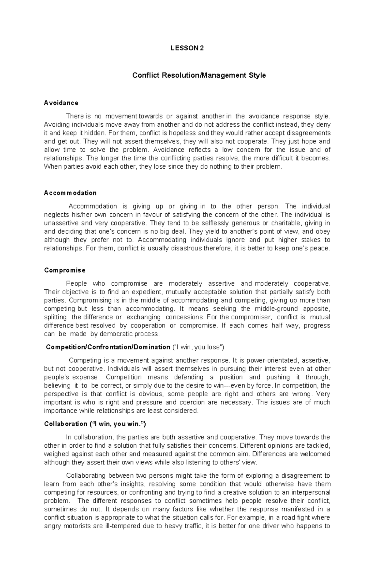 Peace ED Lesson 2: Understanding Conflict Resolution Styles - Studocu