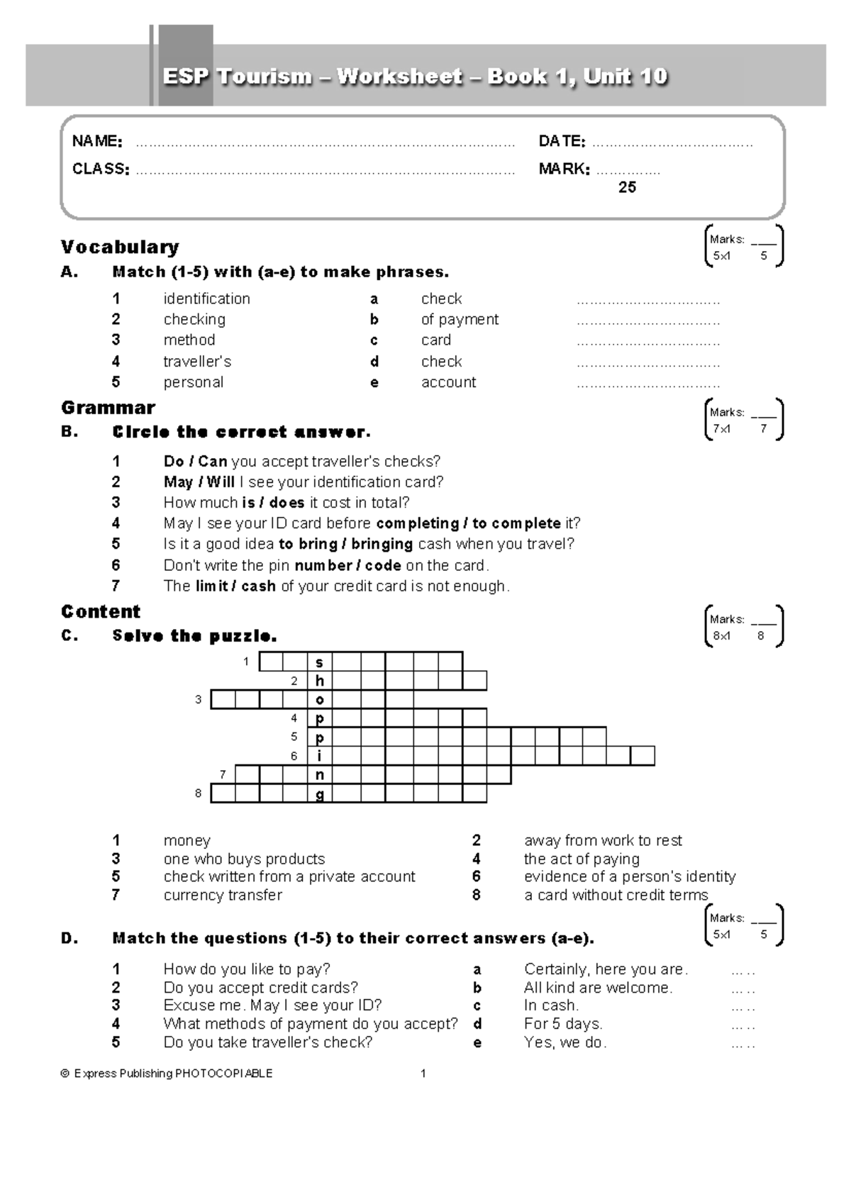 ESP Tourism Worksheet Book 1: Unit 10 Vocabulary & Grammar - Studocu