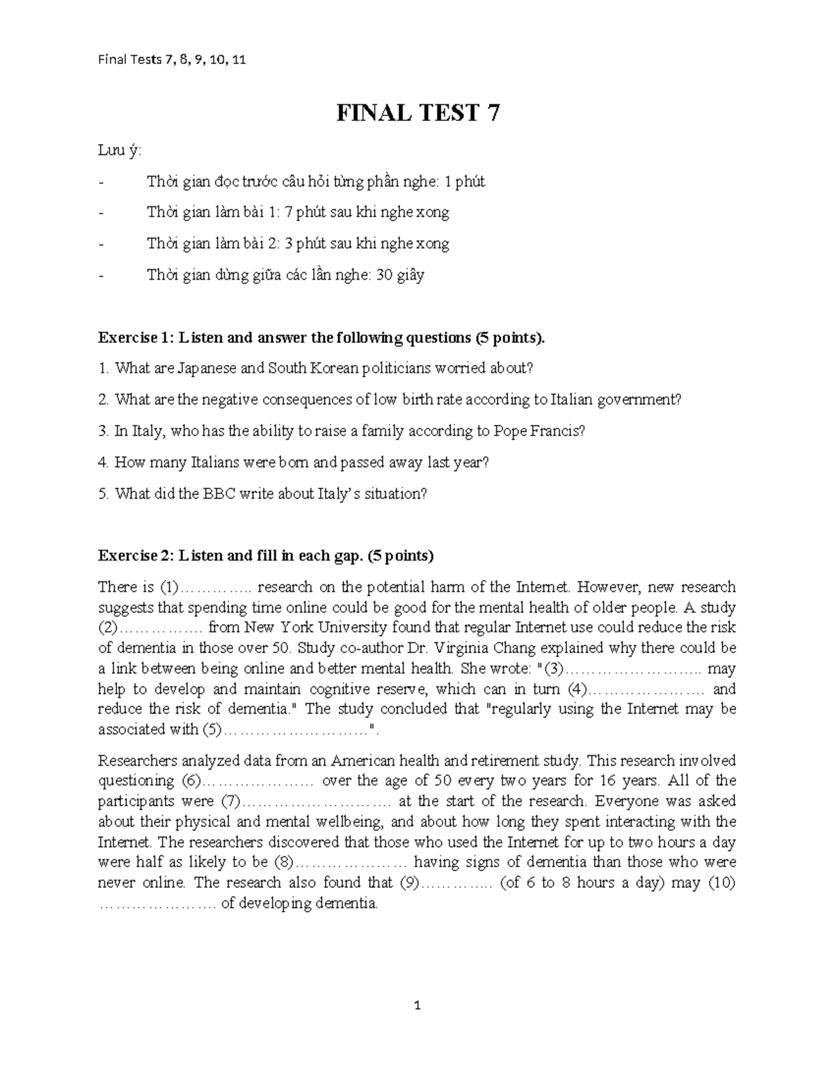 MOCK Exams 7-11 - Final Exam with Answer Key and Transcript - Studocu