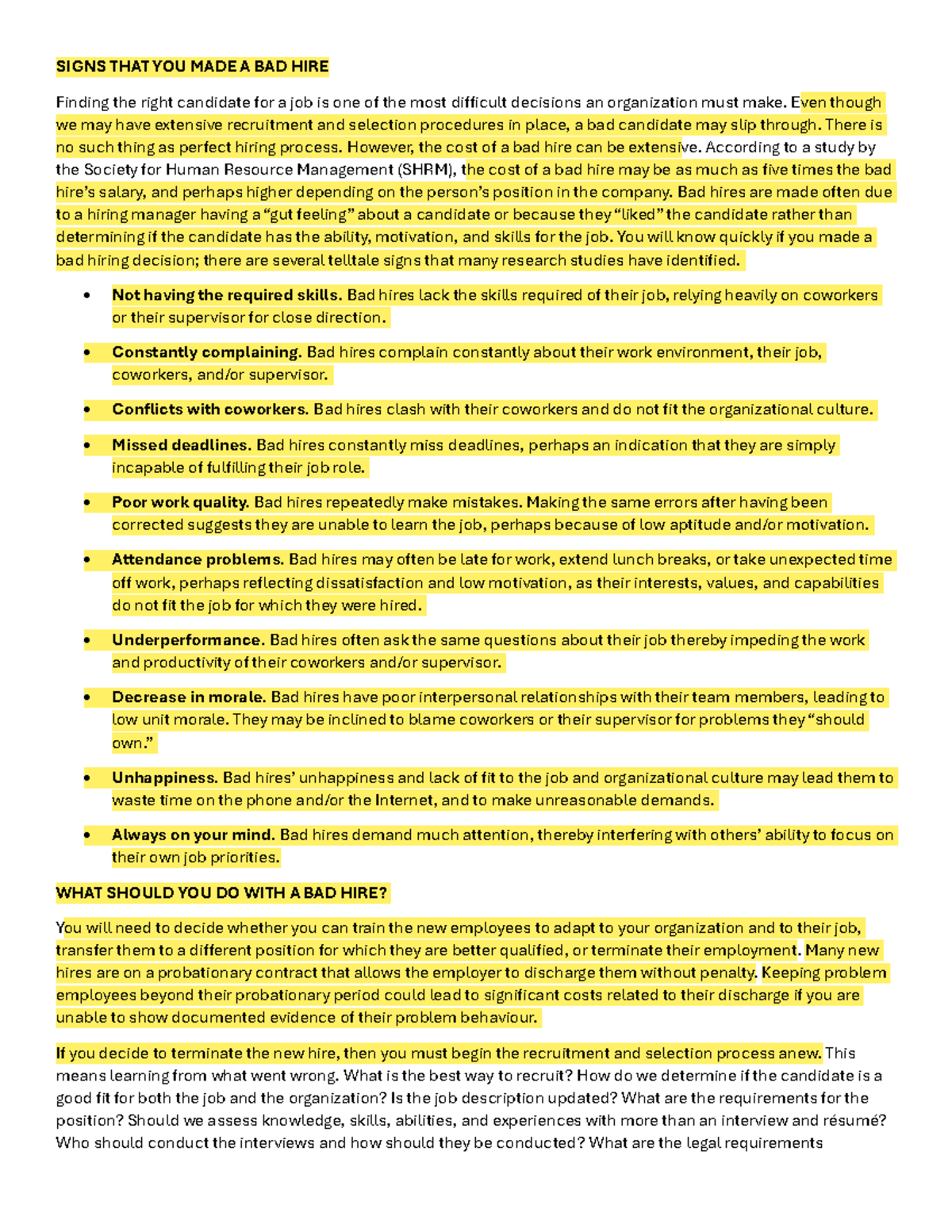 CH 1 - An Intro to Recruitment & Selection: Identifying Bad Hires - Studocu