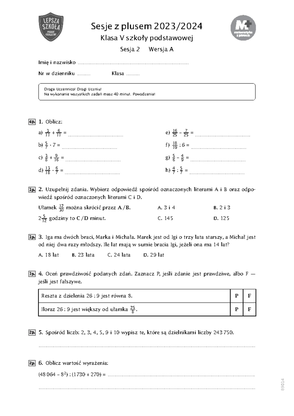 Matematyka Sesja Z Plusem Klasa 5 www.studocu.com