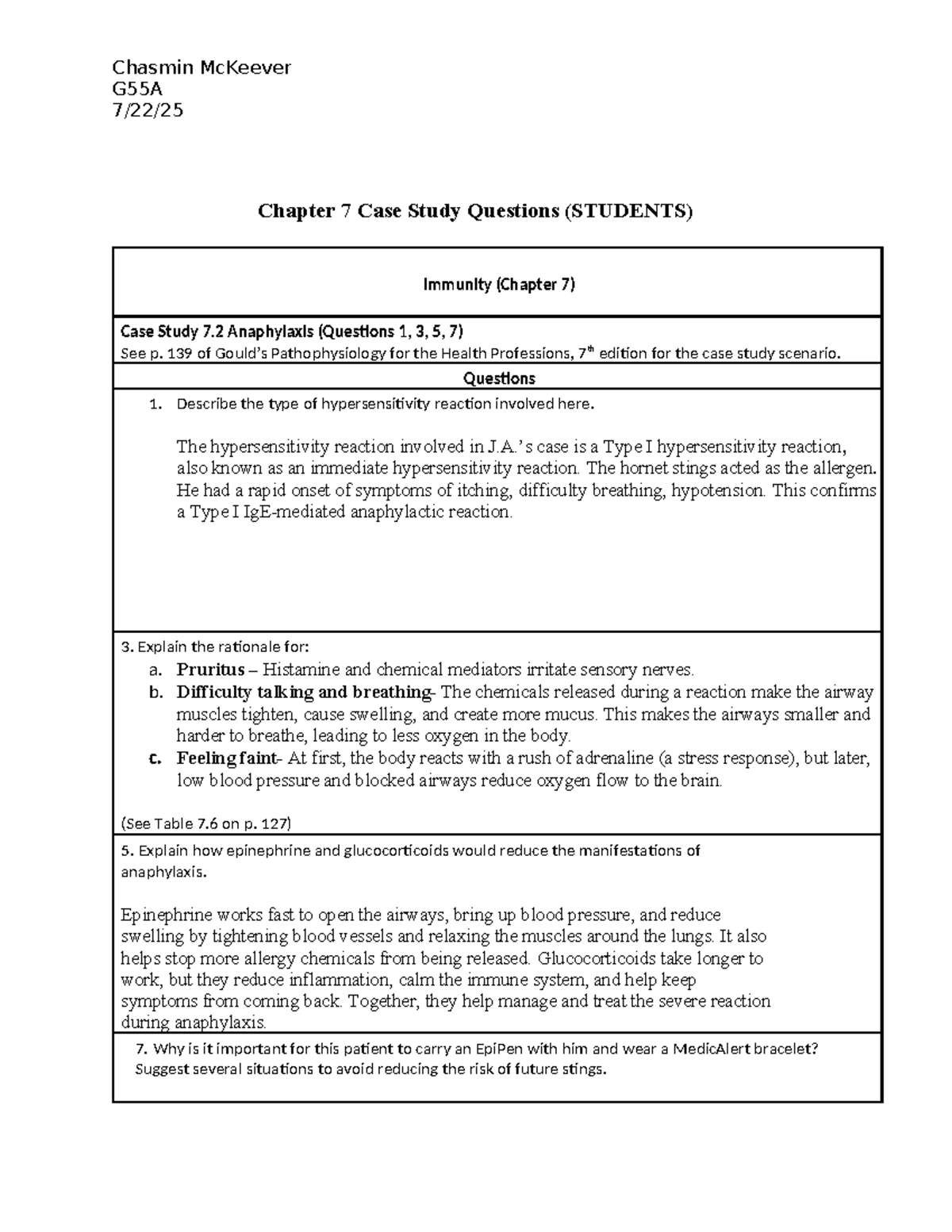 G55A Chapter 7 Case Study Questions on Anaphylaxis and Immunity - Studocu