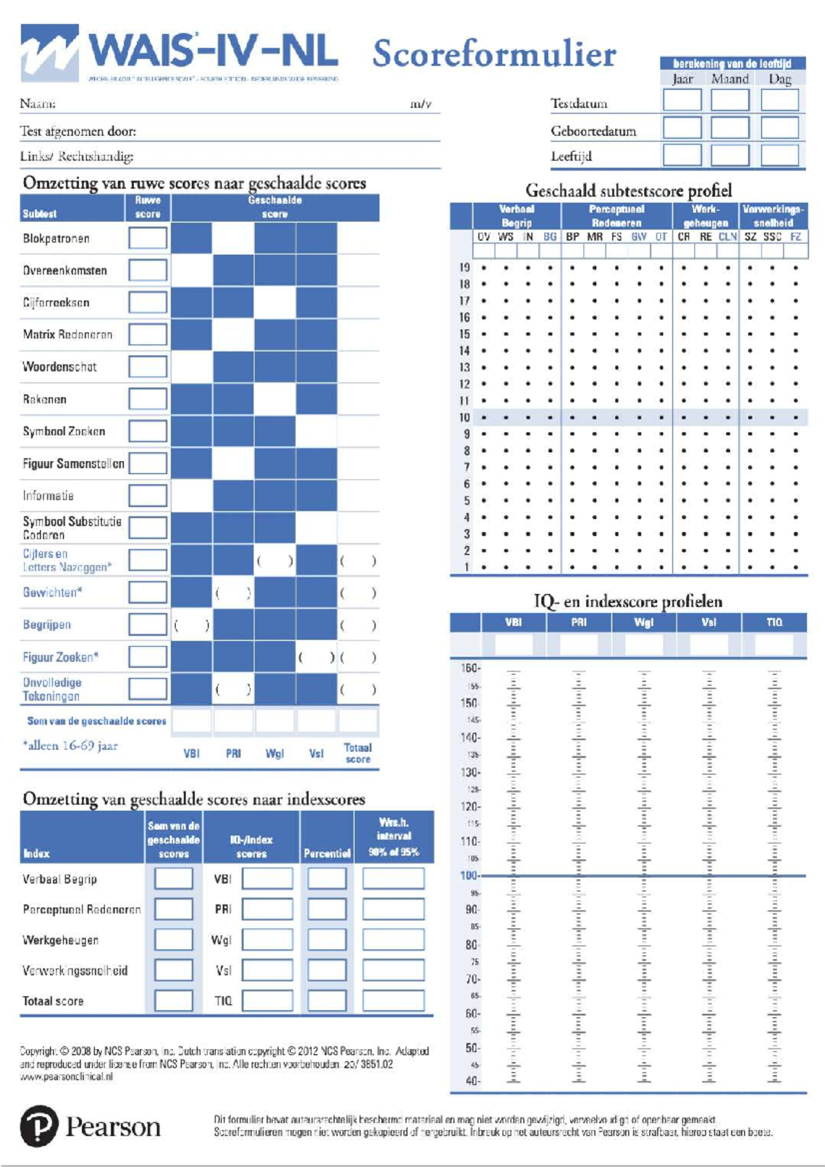 WAIS IV Scoreformulier - Leeg Voor Testafname en Scoring - Studocu