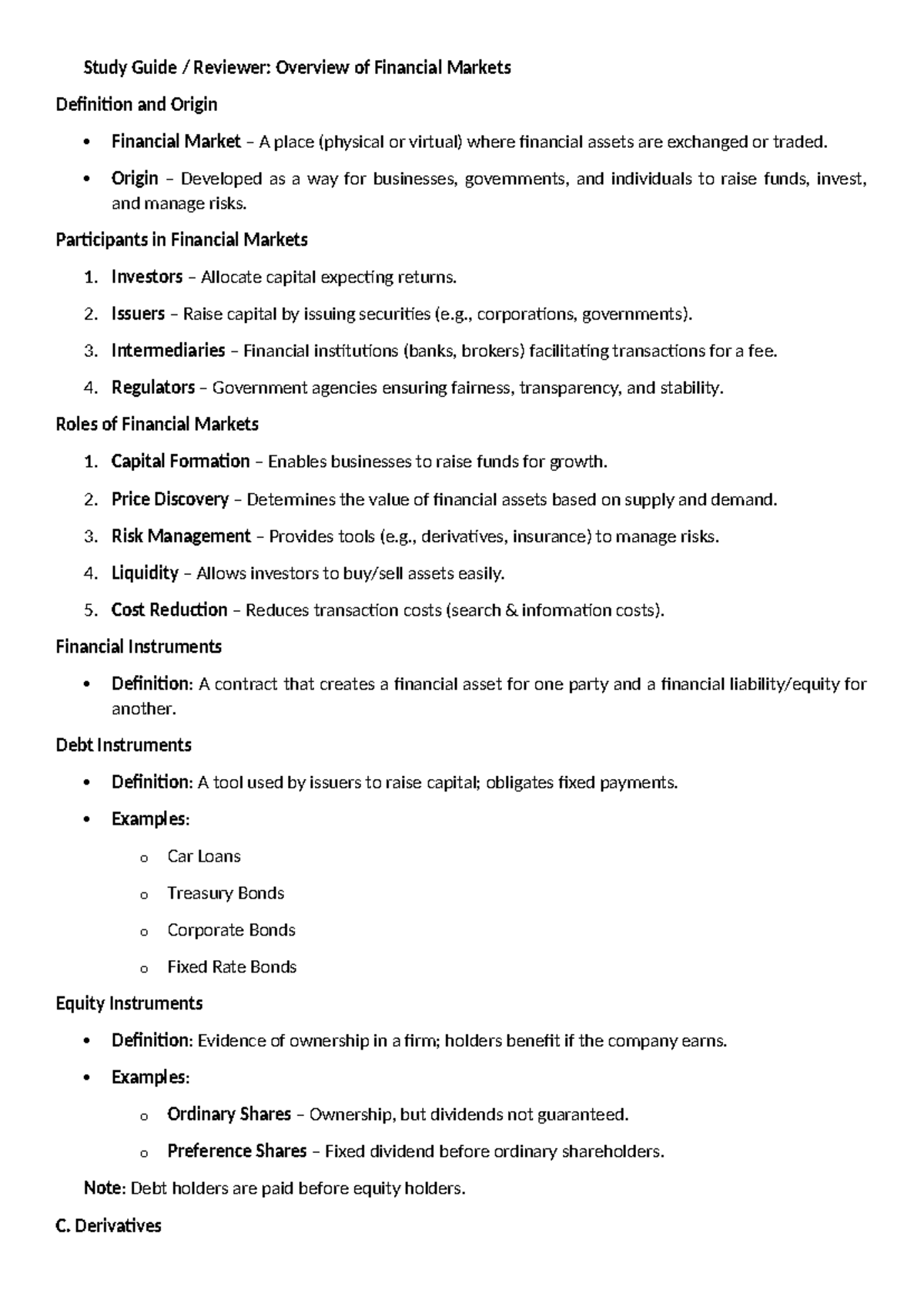 Study Guide: Overview of Financial Markets and Instruments - Studocu