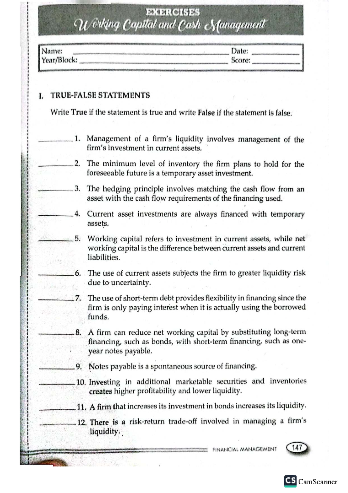 Chapter 4 Exercises - Working Capital & Cash Management Assignment ...