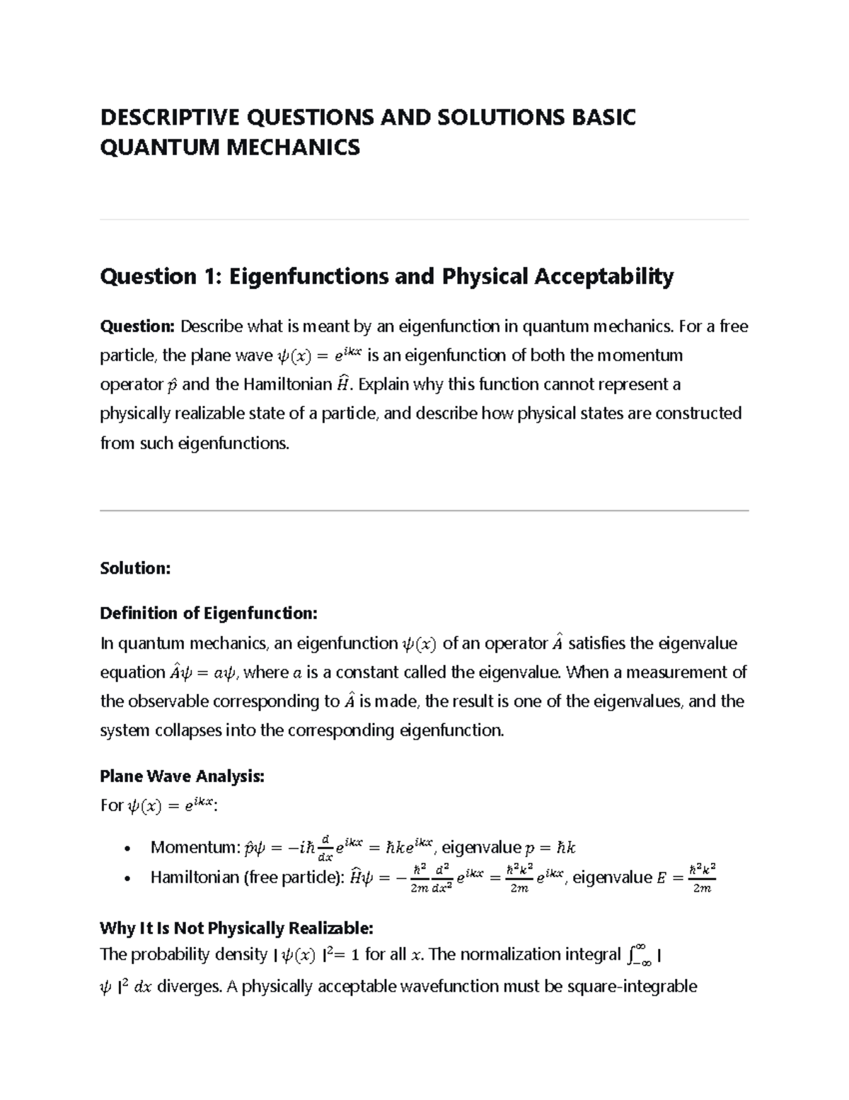 Descriptive Questions & Solutions: Basic Quantum Mechanics (QM101 ...