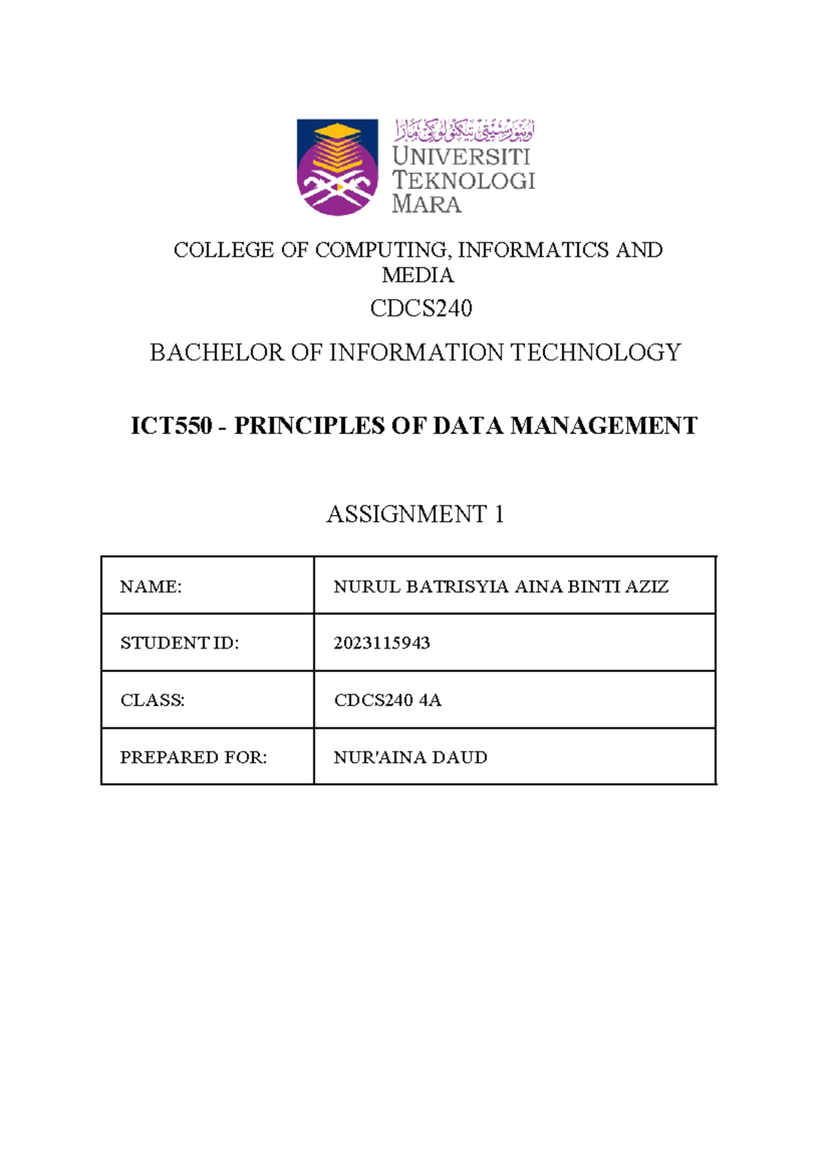 Cover page - ... - COLLEGE OF COMPUTING, INFORMATICS AND MEDIA CDCS ...