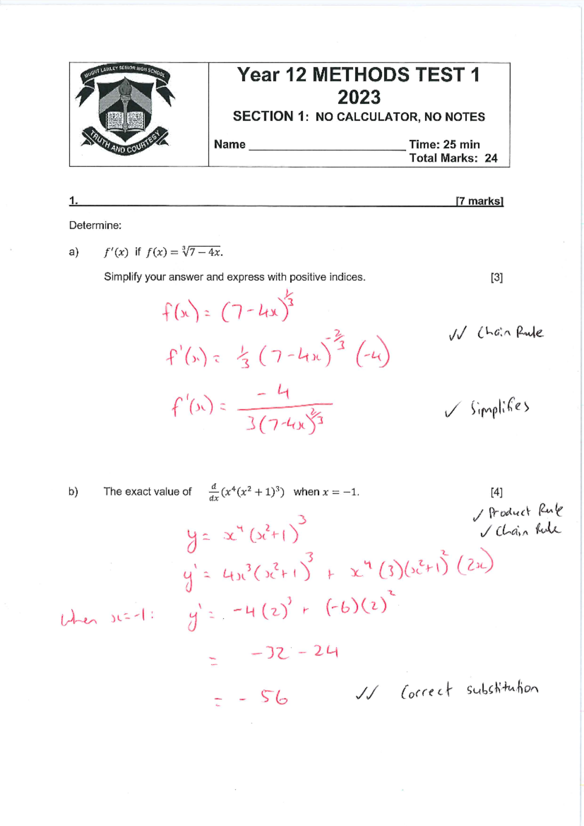 2023 Year 12 Maths Methods Test 1 solutions - MOUNT LAWLEY SENIOR HIGH ...
