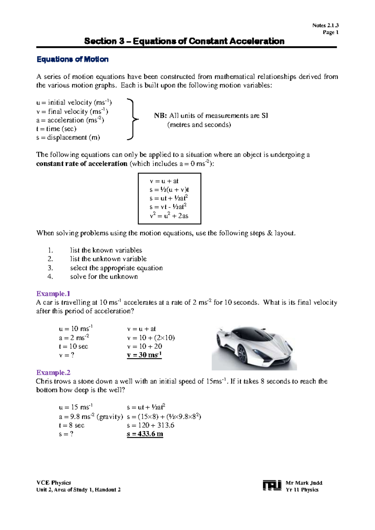VCE PH022 Final Exam Notes on Equations of Constant Acceleration - Studocu