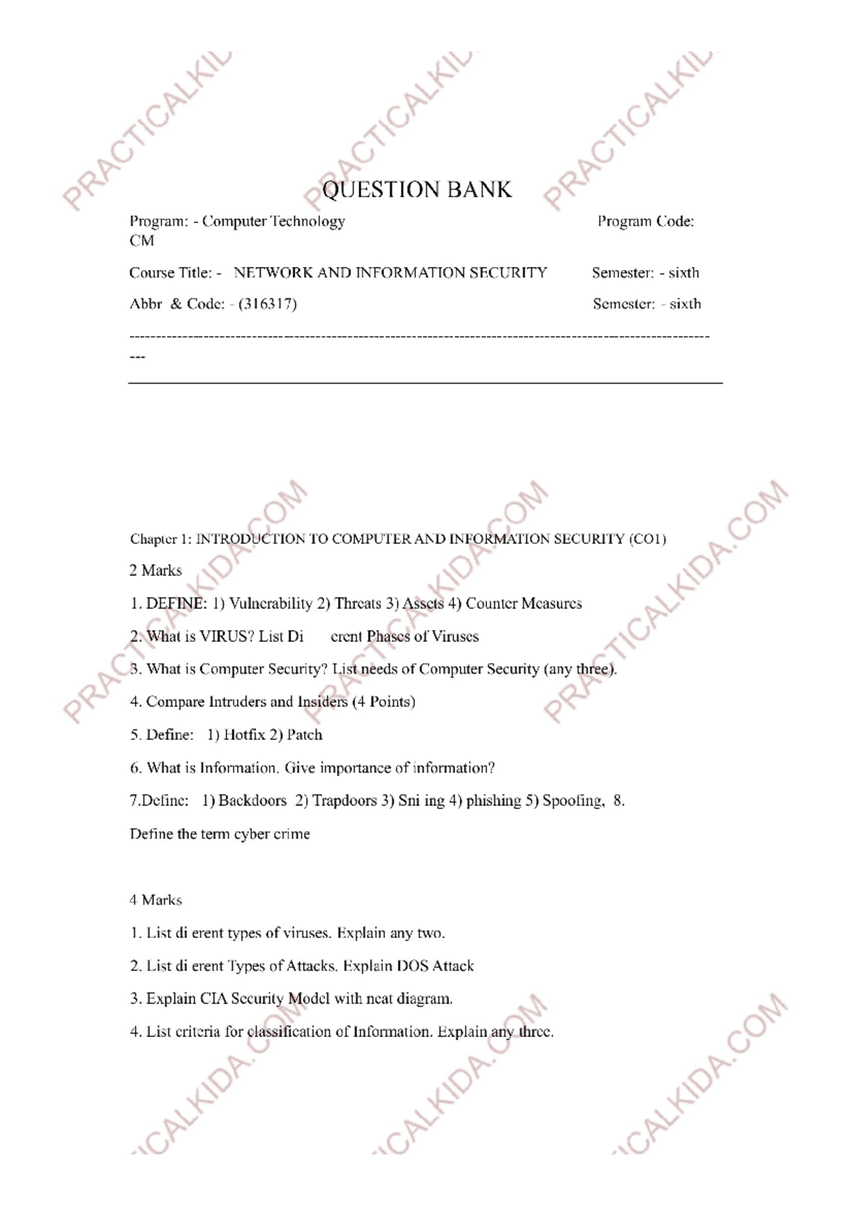 NIS 316317 Network and Information Security Question Bank - Studocu