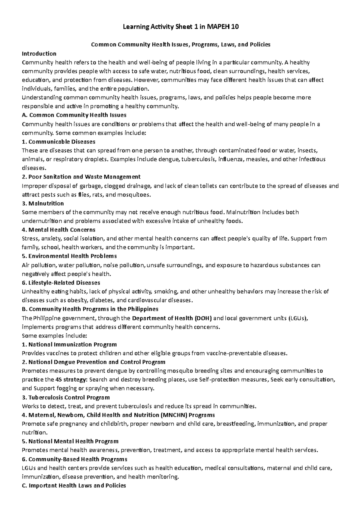 Learning Activity Sheet 1: Community Health Issues in MAPEH 10 - Studocu