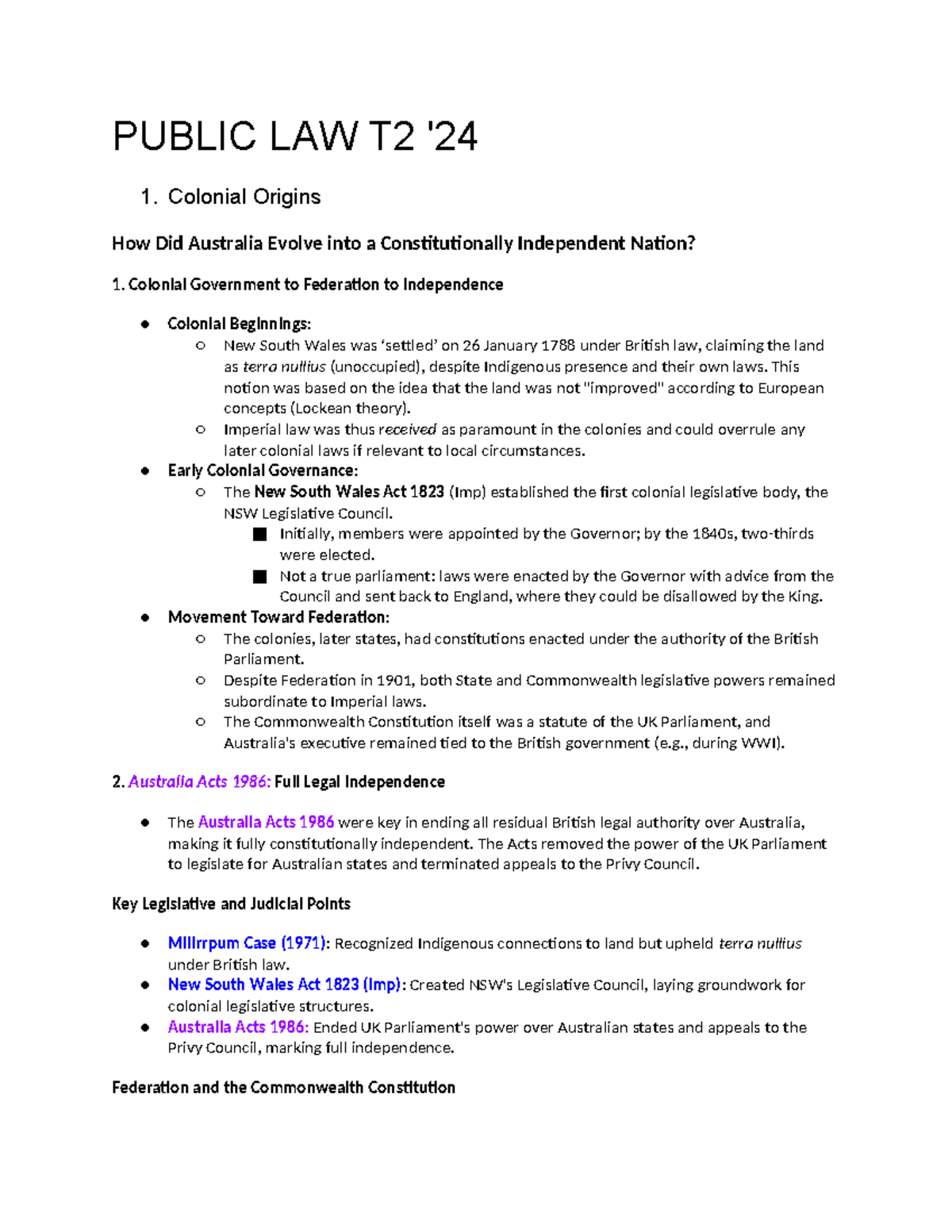 Public LAW T2 1. Evolution of Australia's Constitutional Independence ...