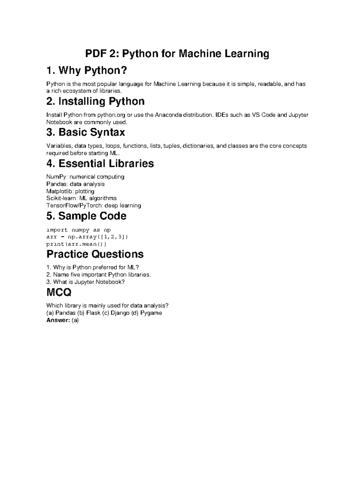 PDF 2: Intro to Python for Machine Learning Basics and Libraries - Studocu