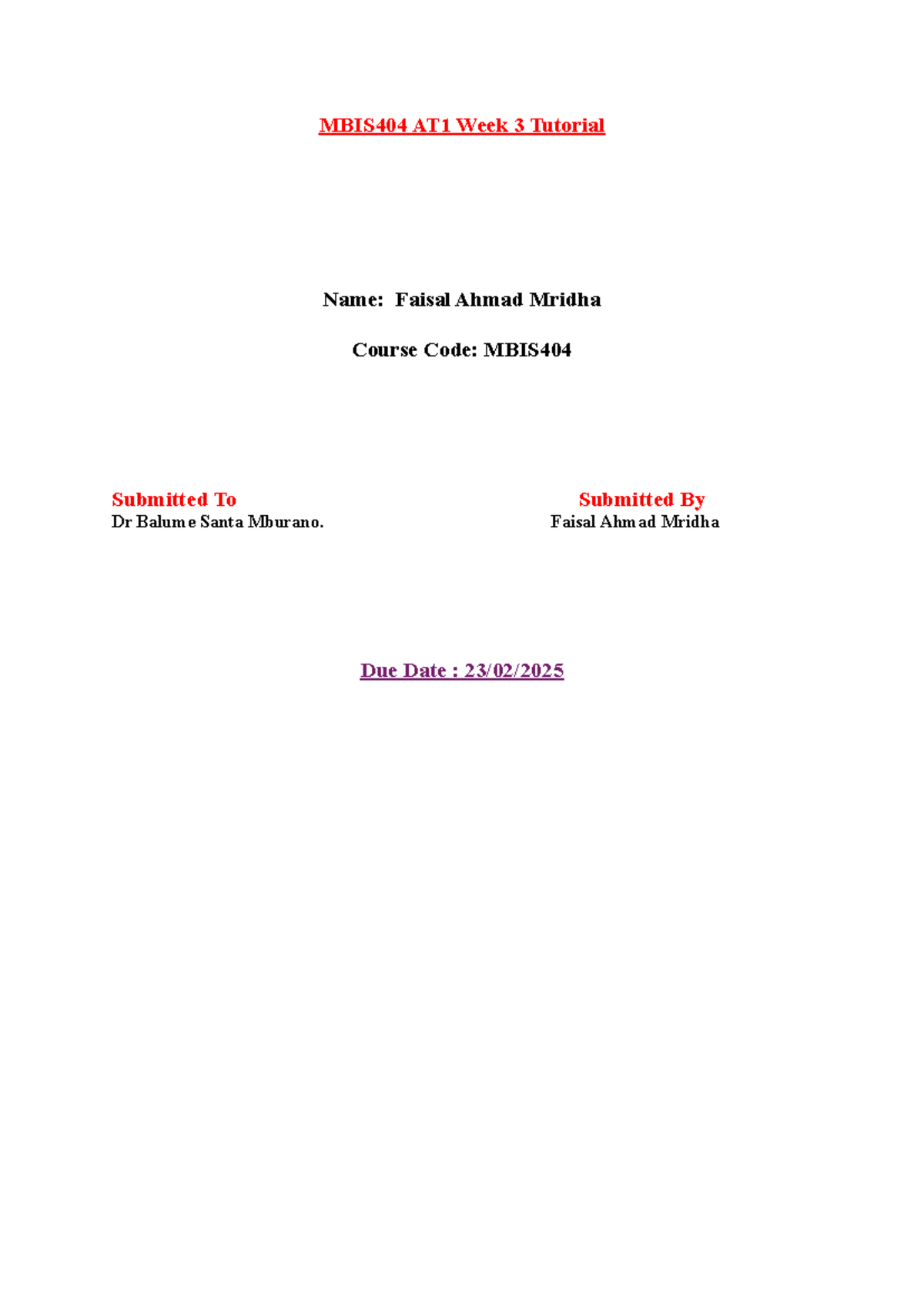 MBIS404 AT1 Week 3 Tutorial Solutions by Faisal Ahmad Mridha - Studocu