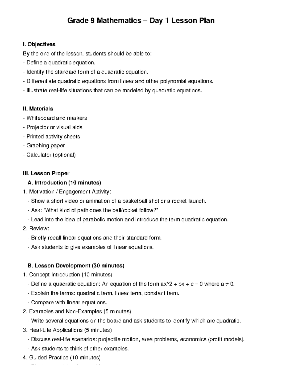 Grade 9 Math Lesson Plan: Introduction to Quadratic Equations - Studocu