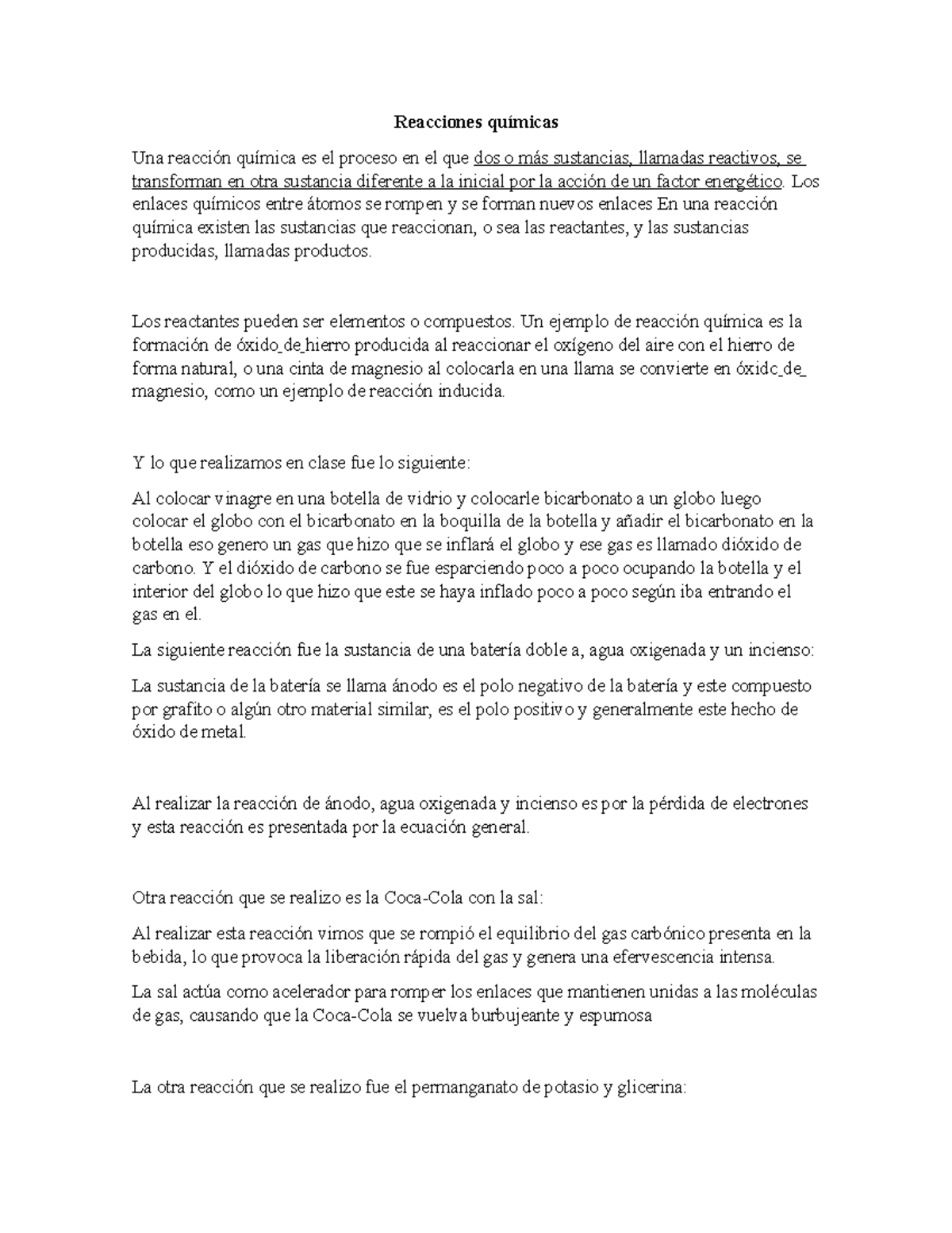Reacciones Químicas: Experimentos y Ejemplos - GTSD - Studocu