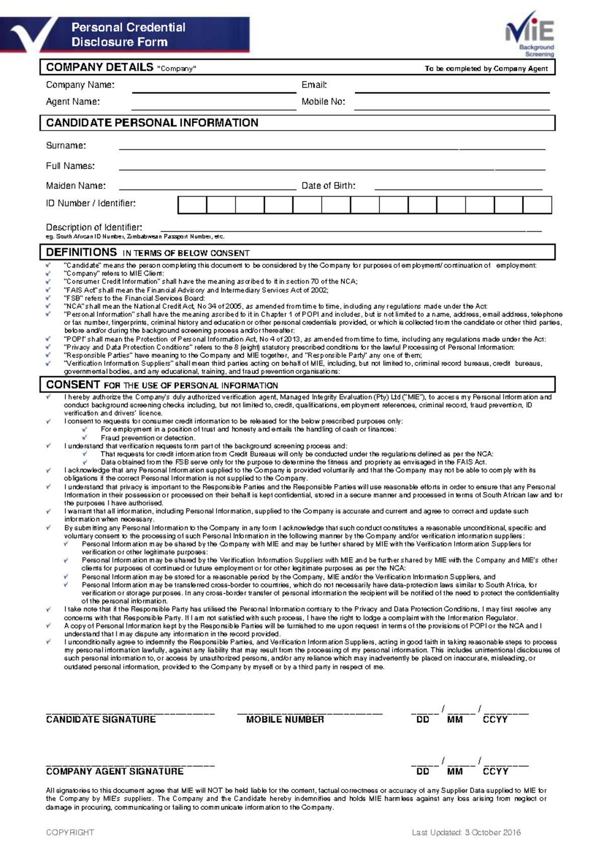 MIE Indemnity Form - Candidate Personal Information Consent - Studocu