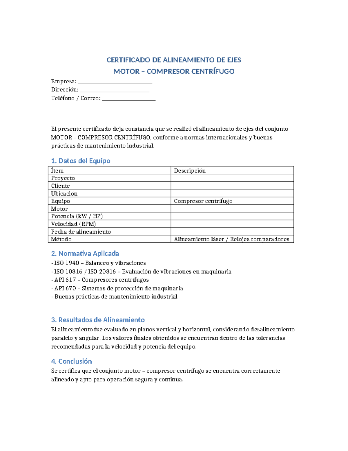 Certificado de Alineamiento de Ejes Motor Compresor Centrifugo - Studocu
