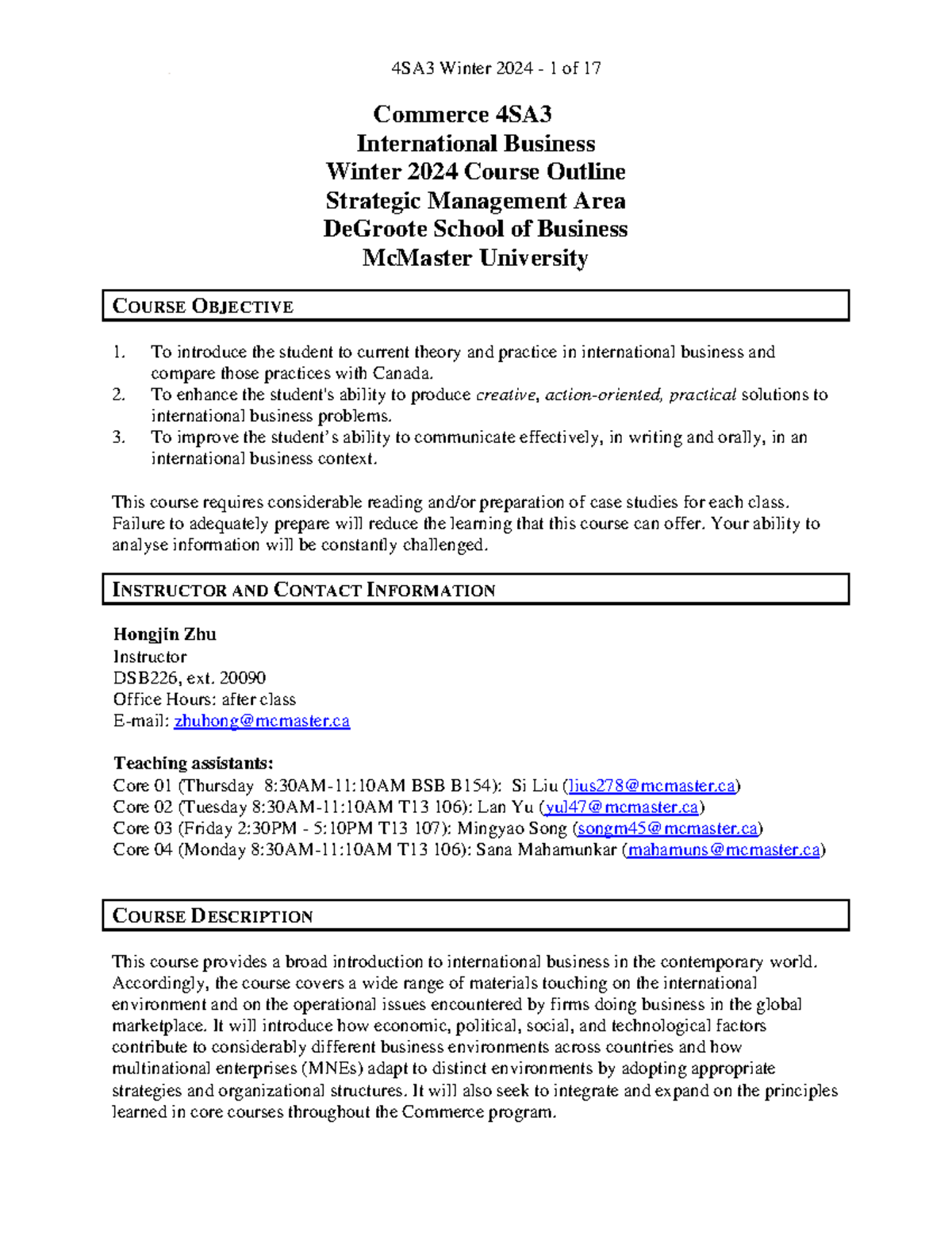 Winter 2024 Commerce 4SA3 Course Outline: International Business ...