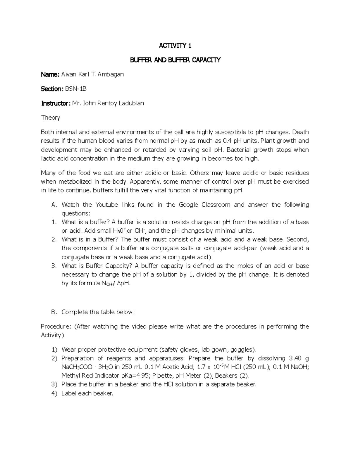 Biochem Lab Activity 1: Buffer & Buffer Capacity Analysis - Studocu
