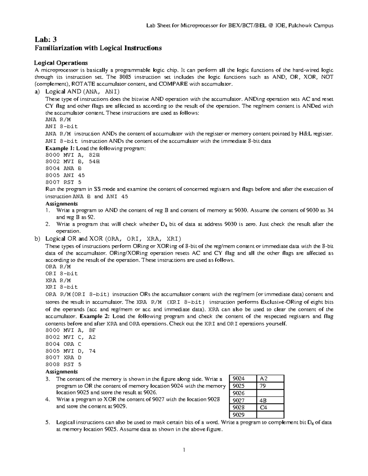 Lab 3 - Logical Instructions for Microprocessor (BEX/BCT/BEL) - Studocu