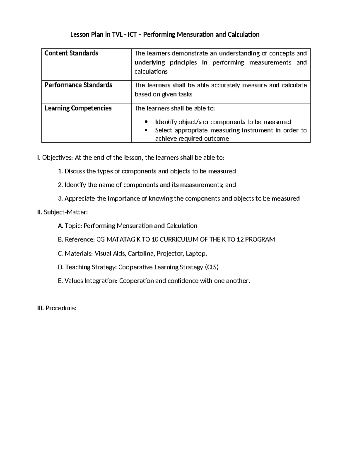 Lesson Plan for ICT - K to 12 Mensuration and Calculation - Studocu