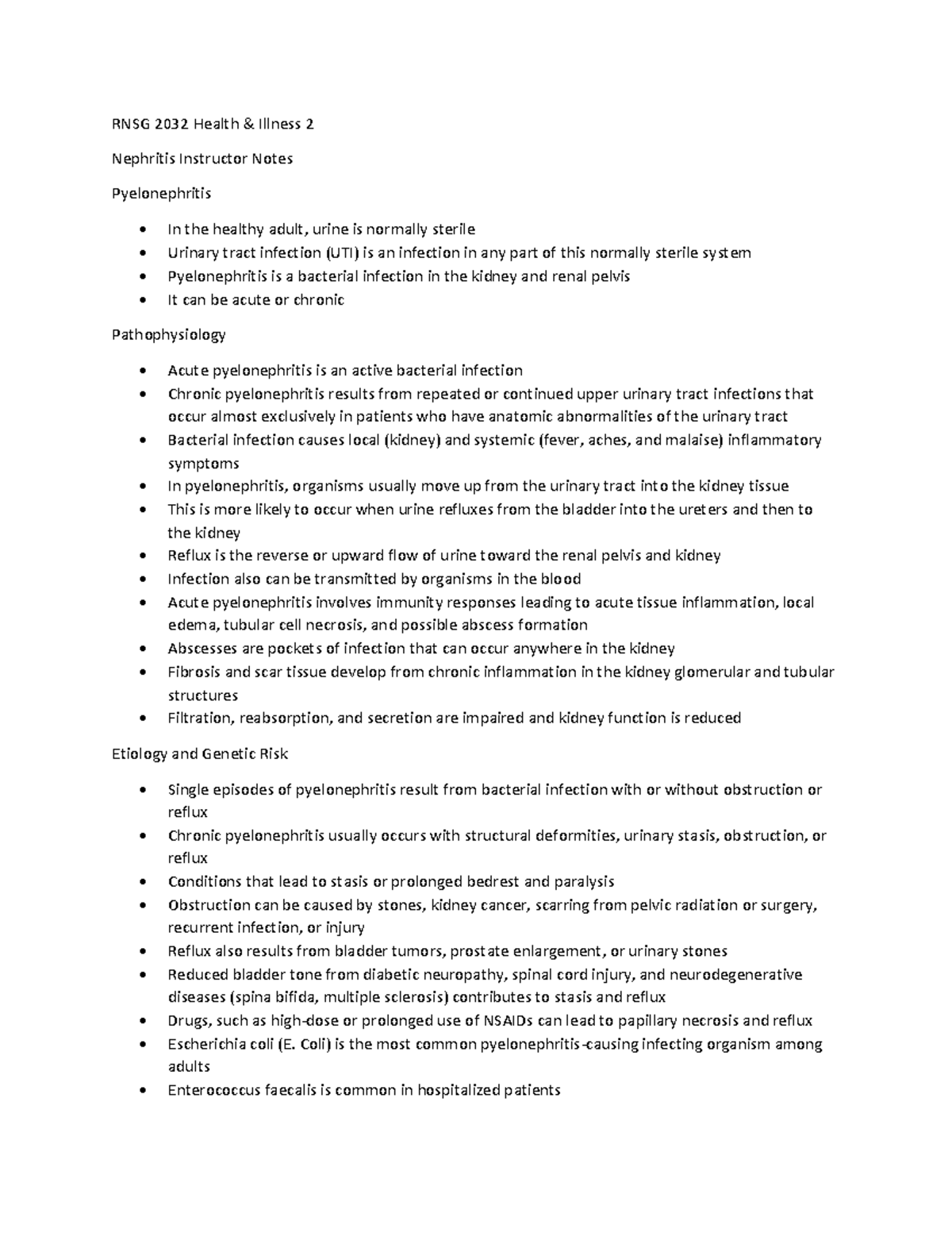 RNSG 2032 Nephritis & Pyelonephritis Lecture Notes for Health & Illness ...