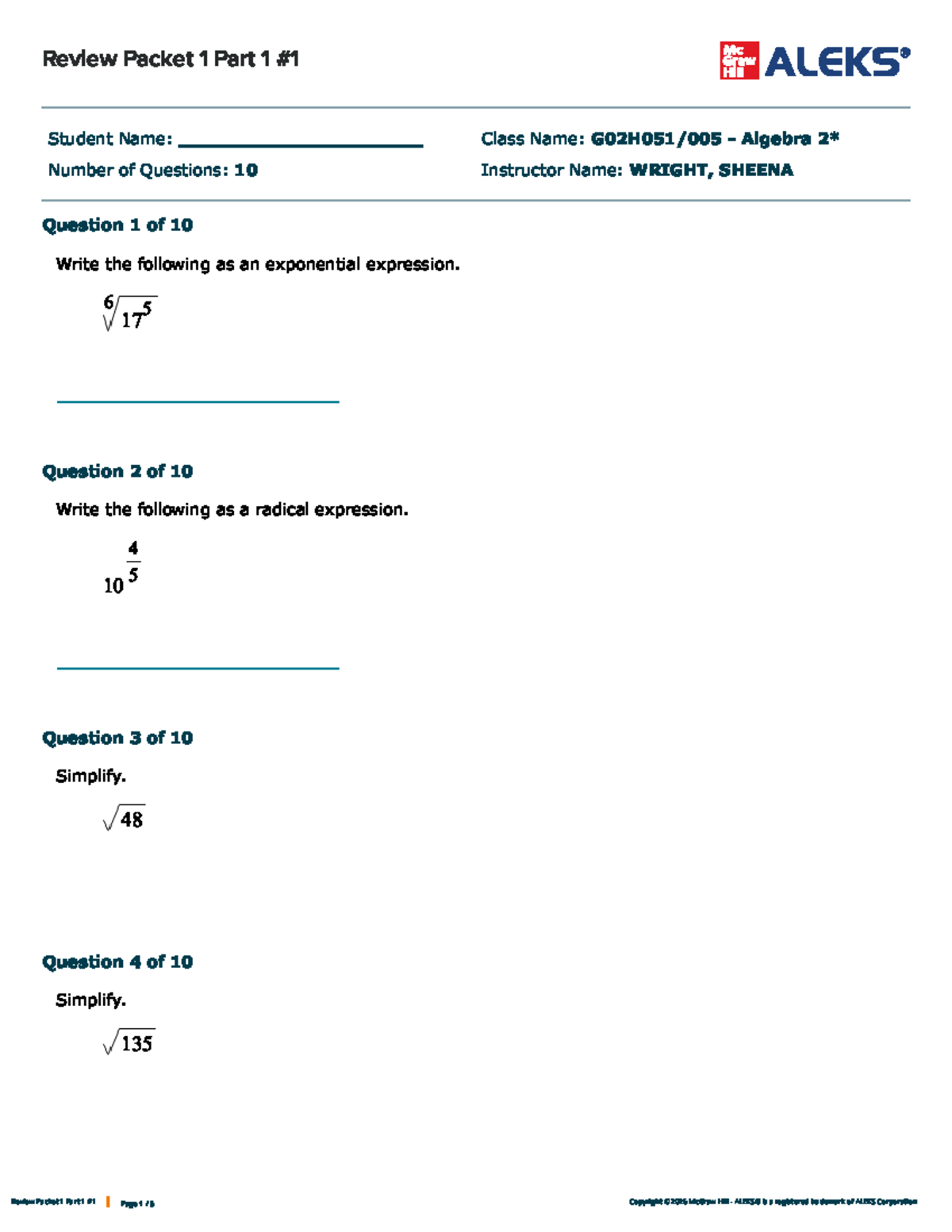 Algebra Review Packet 1 Part 1: Exponential & Radical Expressions - Studocu