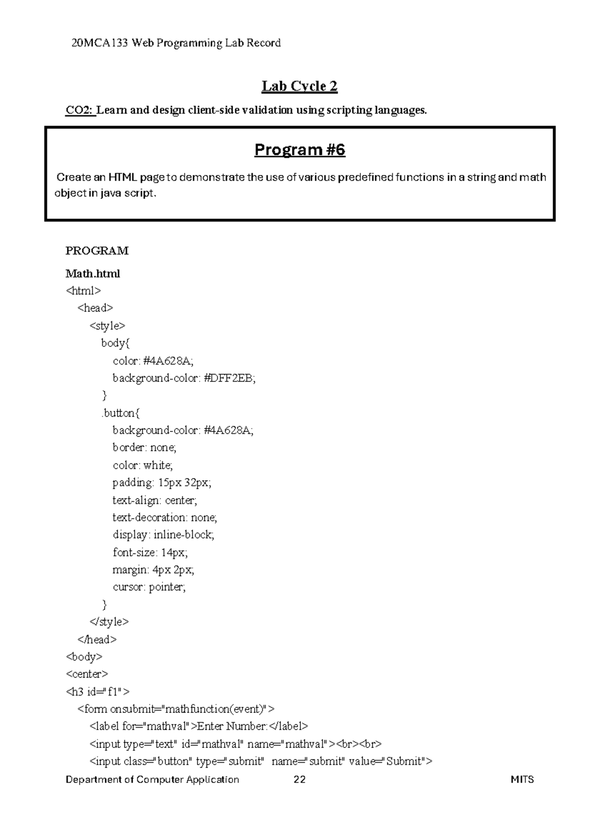20MCA133 Web Programming Lab Record: Validation & Event Handling in JS ...