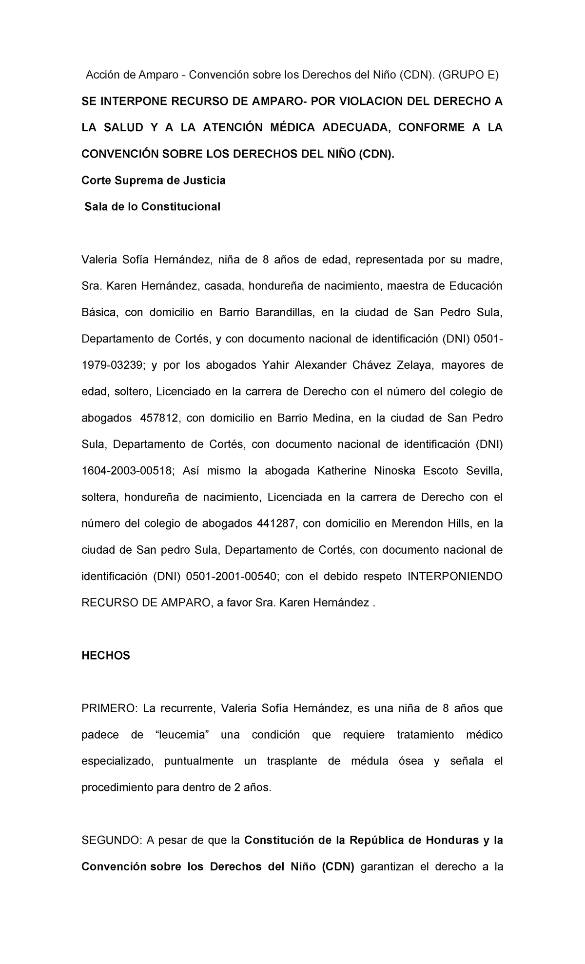 Acción de amparo por violación del derecho a la salud (CDN) - Studocu