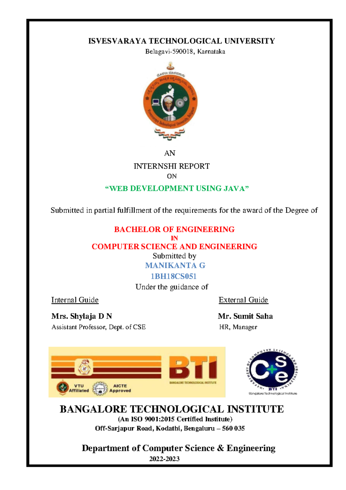 VTU 1BH18CS051 Final Year Internship Report on Web Development Using ...
