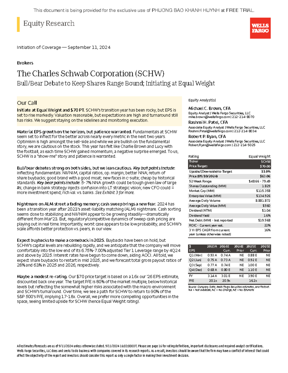 Equity research initiation of coverage: The Charles Schwab Corporation (SCHW)  - Studocu