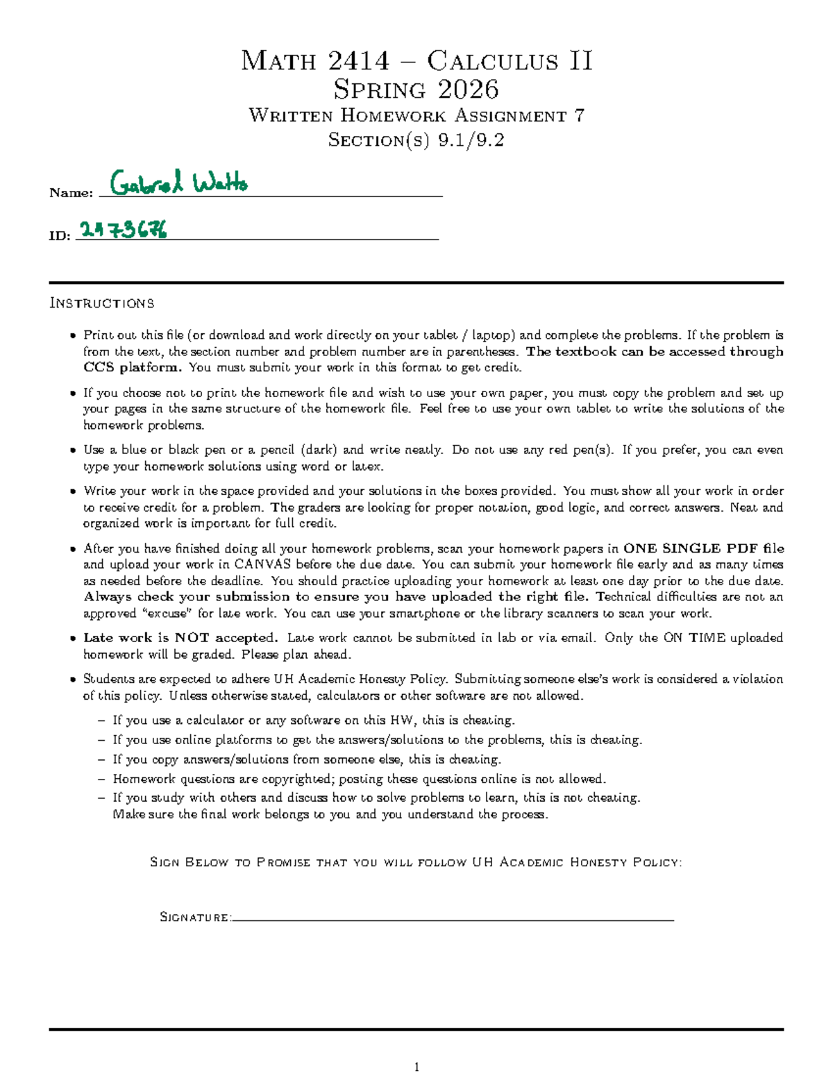 Math 2414 Calculus II Spring 2026 Written Homework Assignment 7 - Studocu